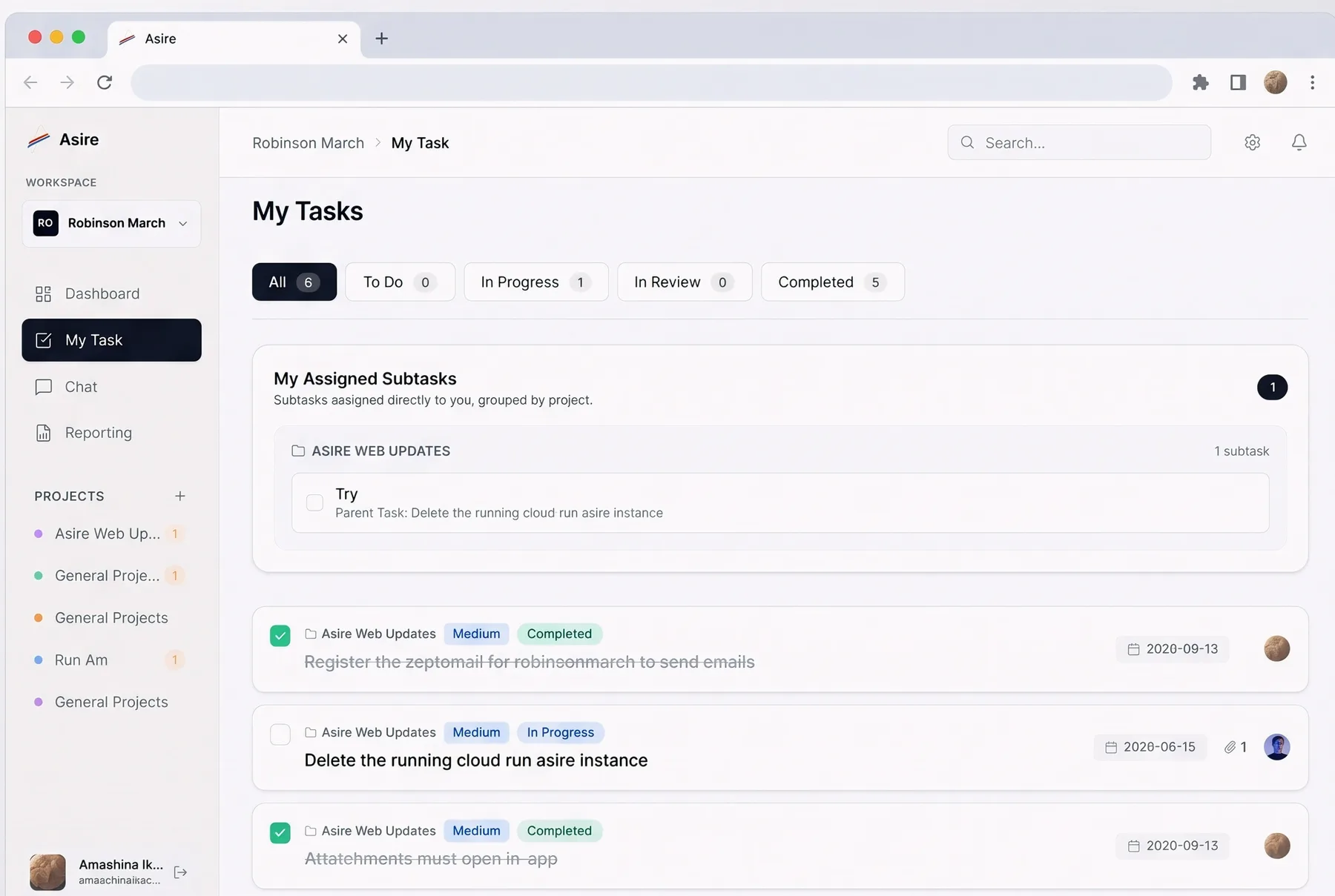 Asire product screenshot showing the My Tasks view